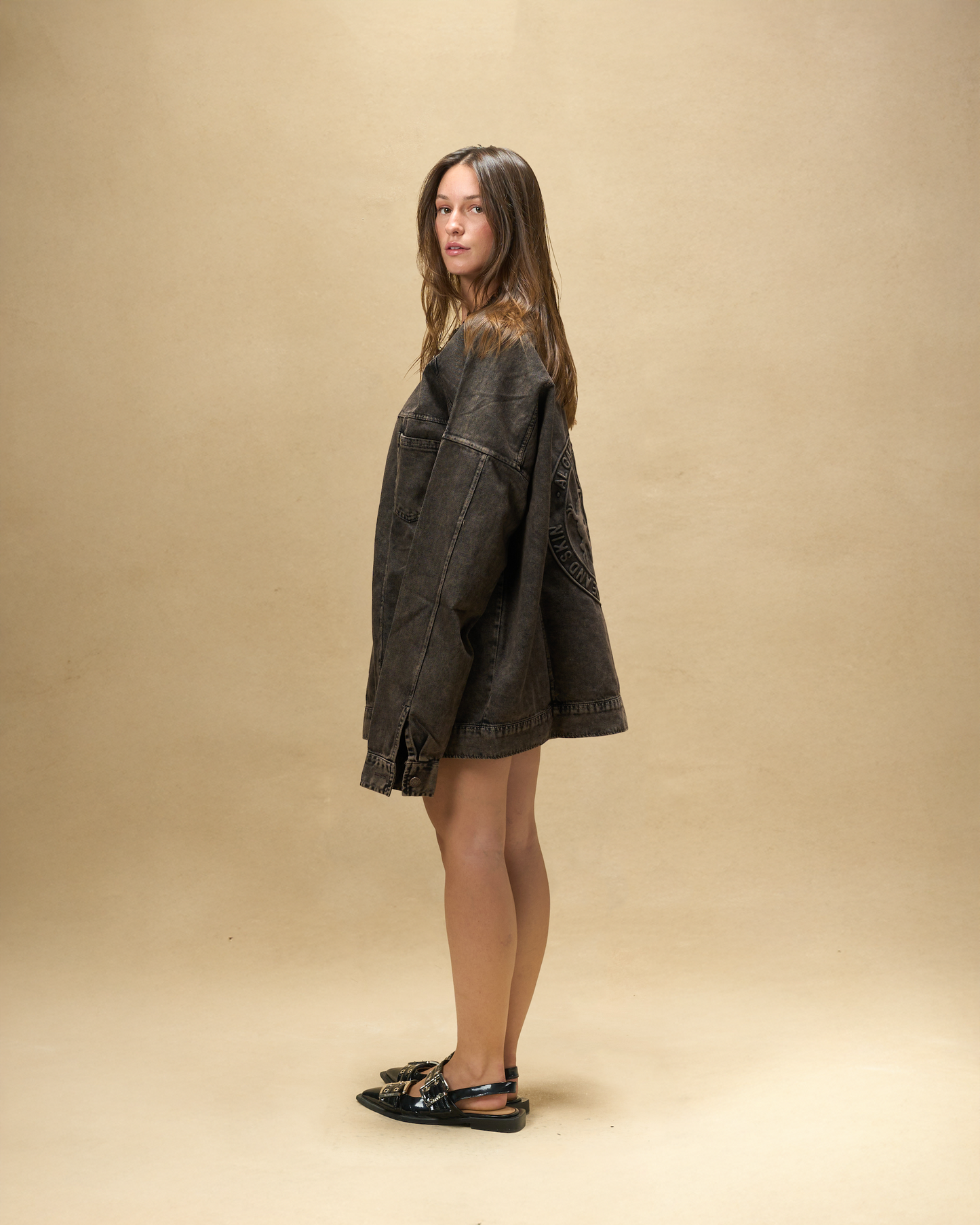 Washed Brown Embossed Denim Jacket