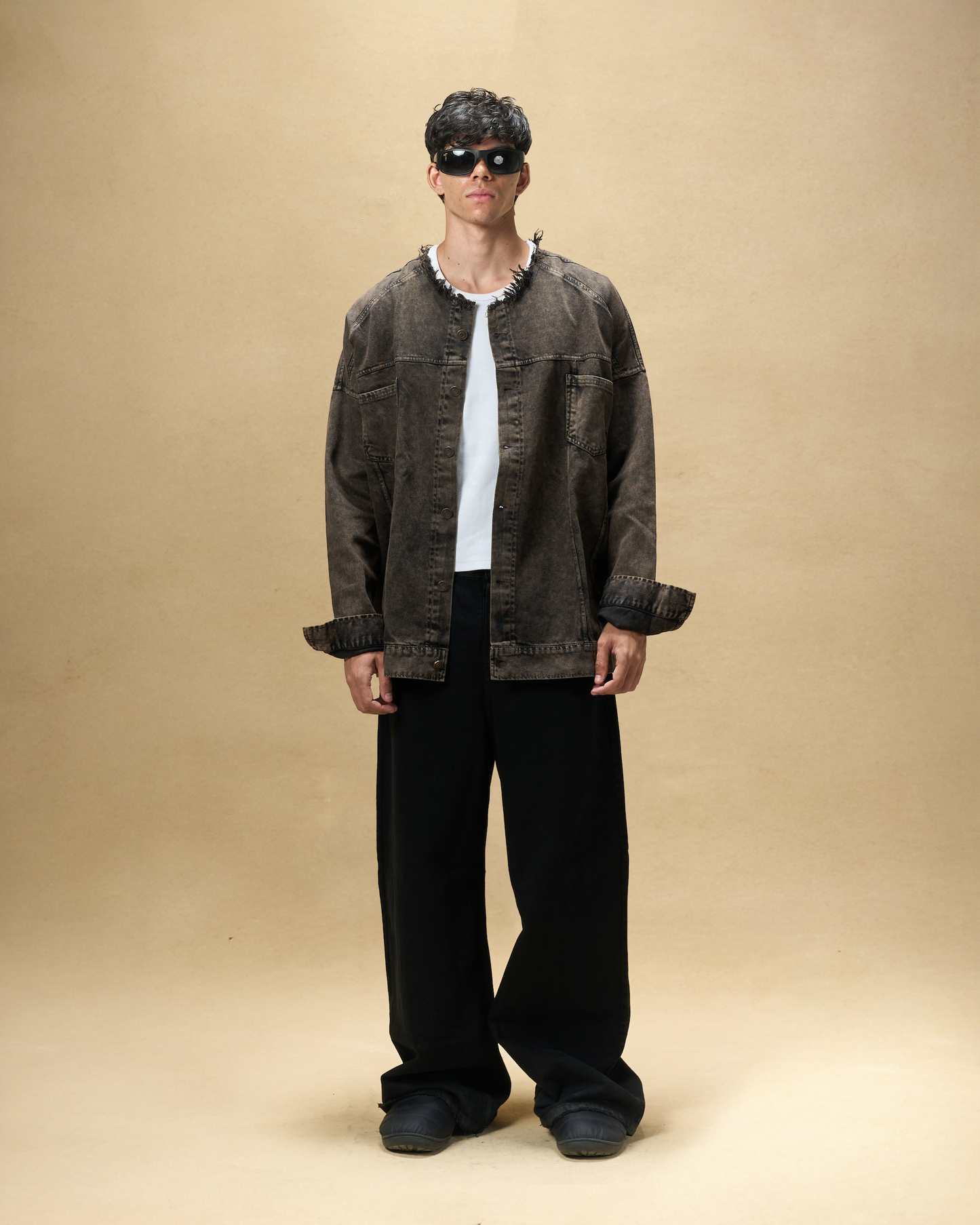 Washed Brown Embossed Denim Jacket