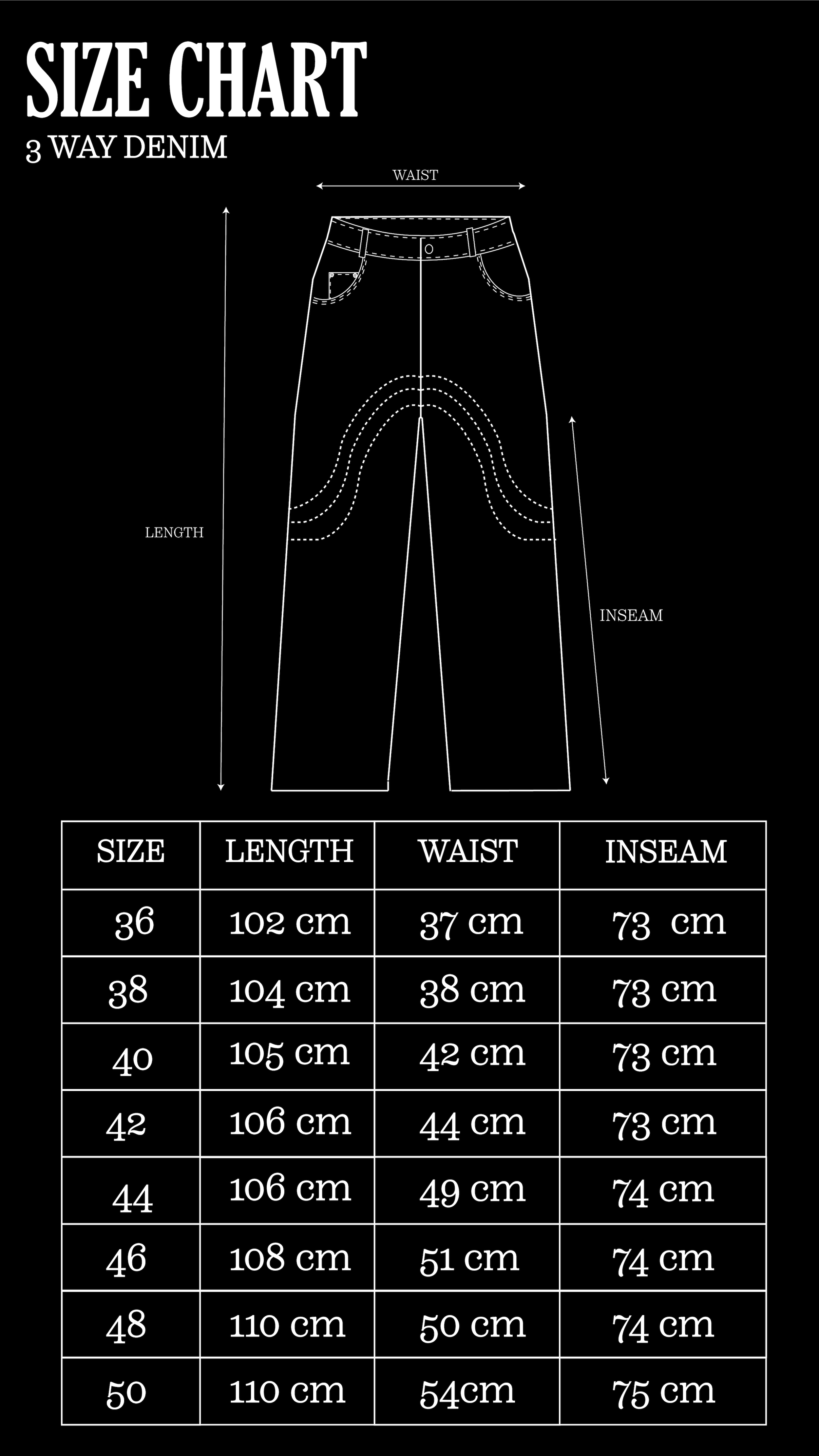 Size Chart for Faded Blue Three-Way Denim