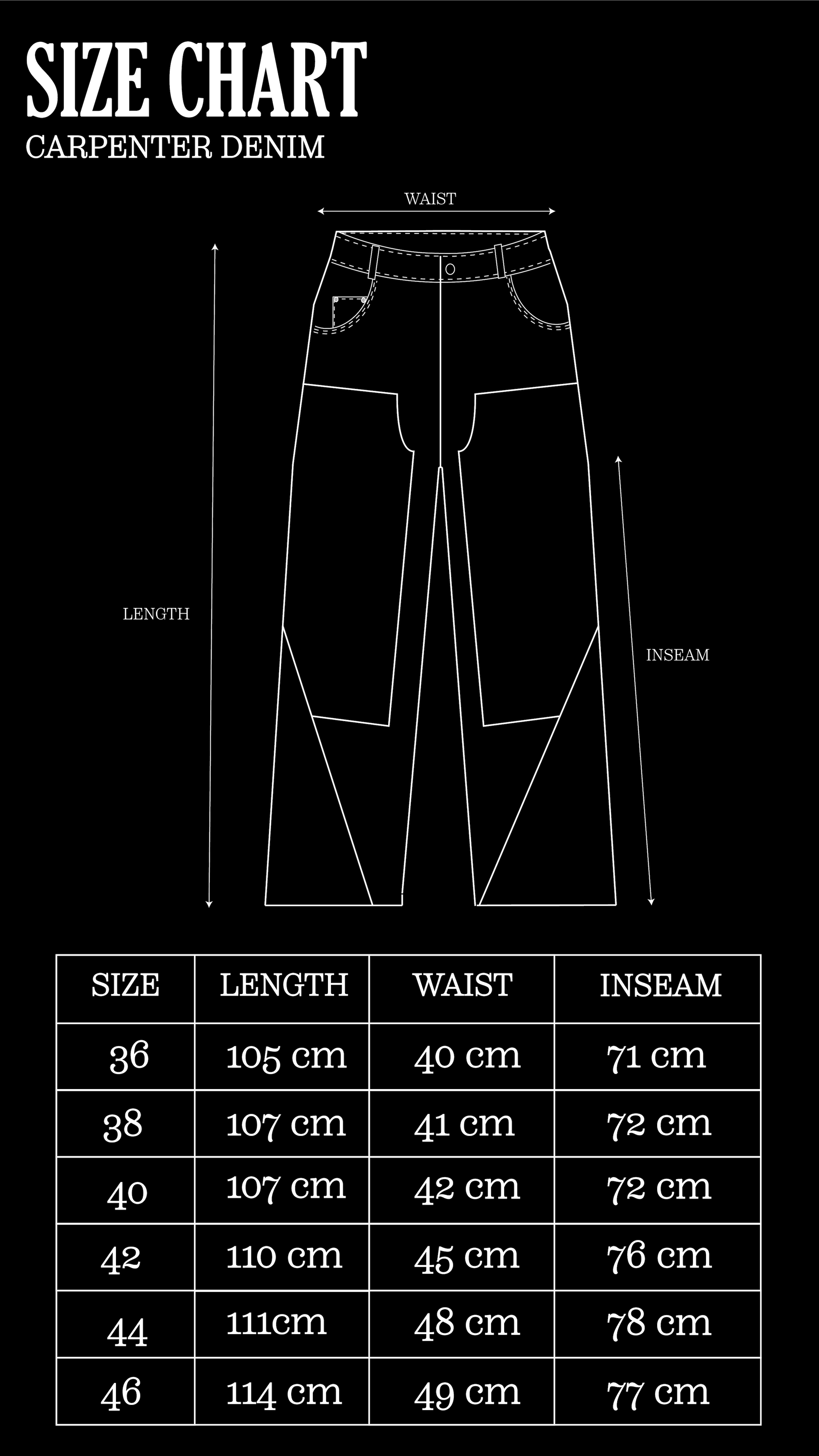 Size Chart for Faded Olive Carpenter Denim Pants