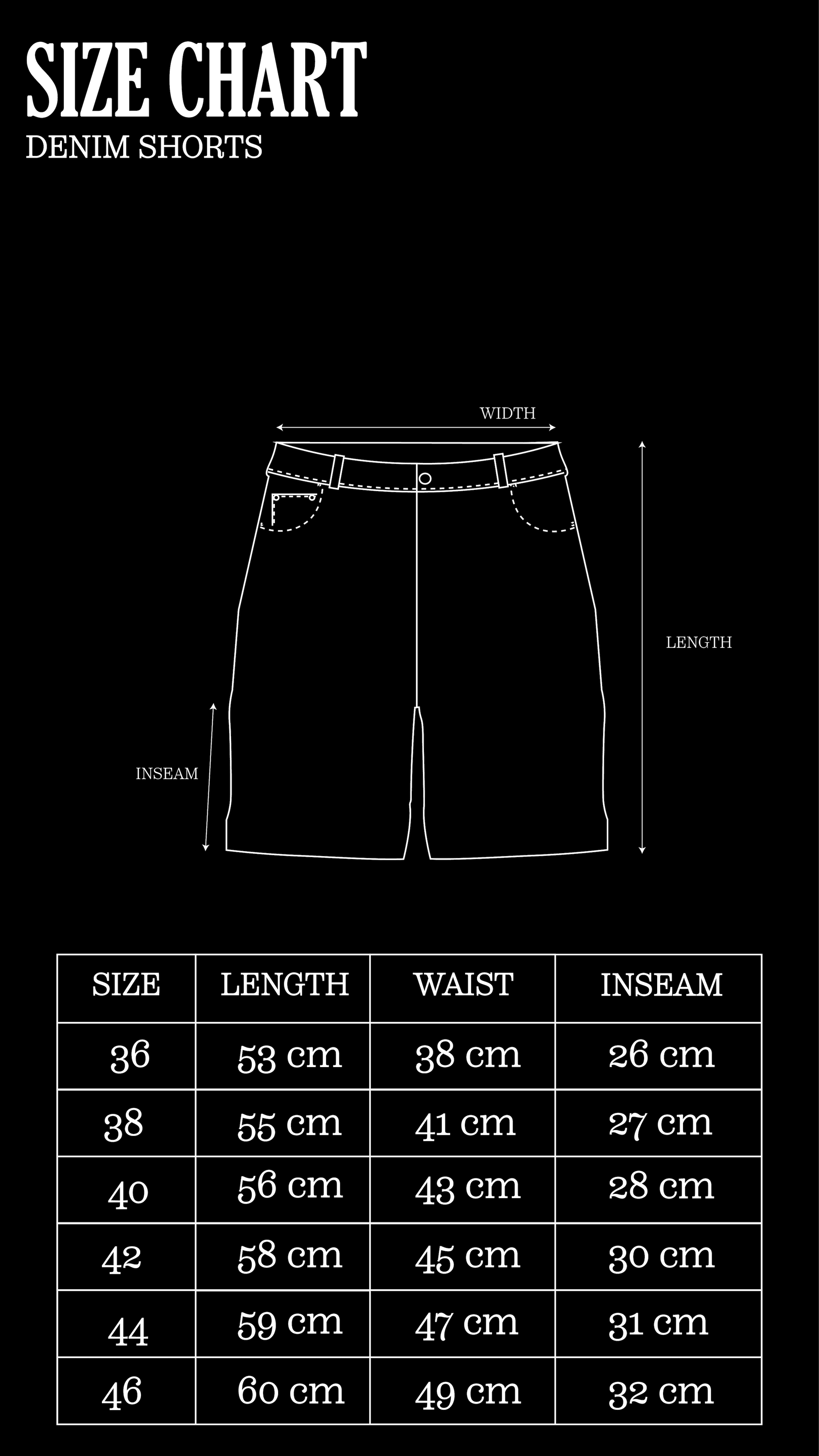 Size Chart for Washed Black Embossed Shorts