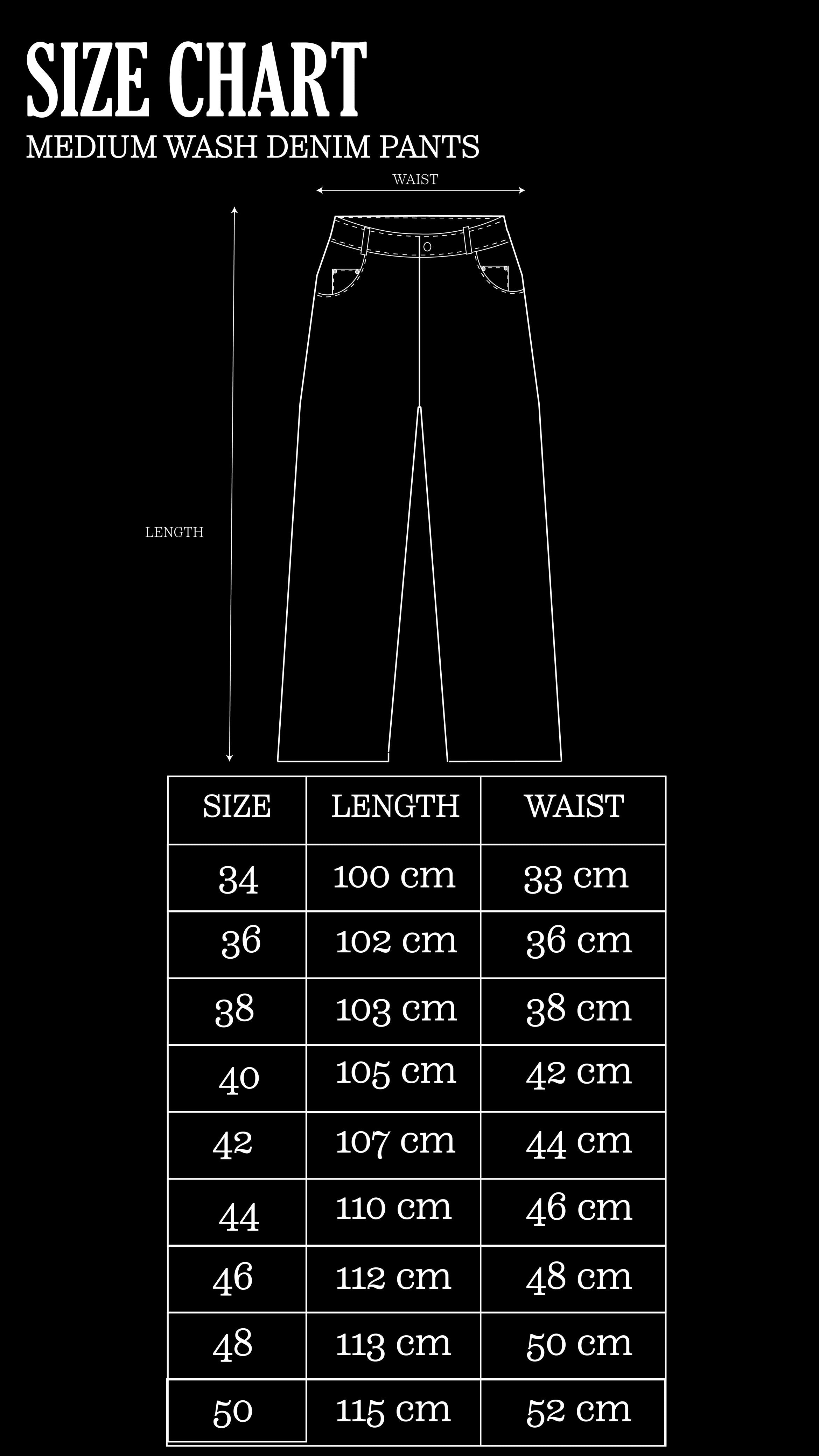 Size Chart for Medium Wash Embossed Denim