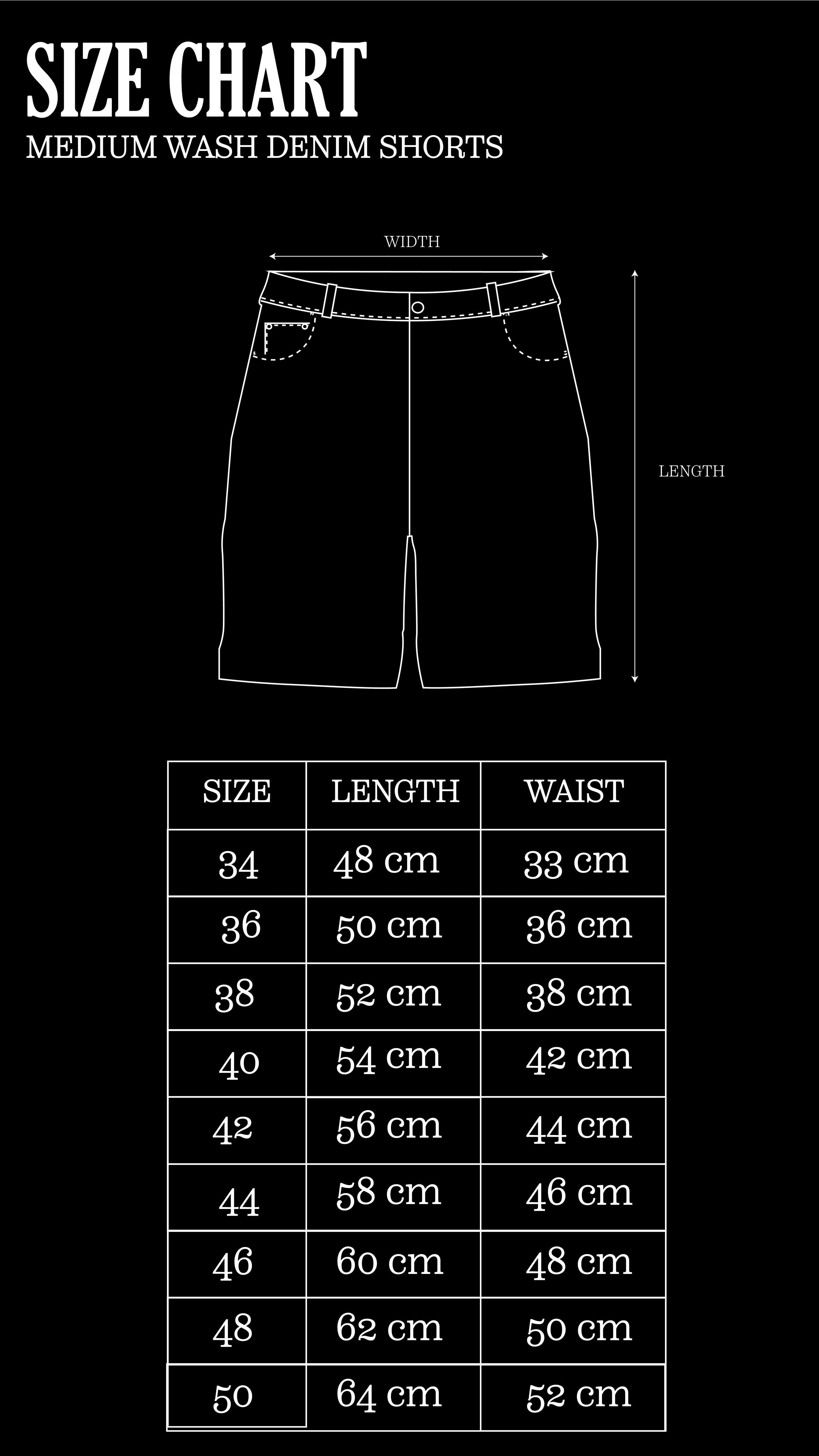 Size Chart for Medium Wash Embossed Jorts