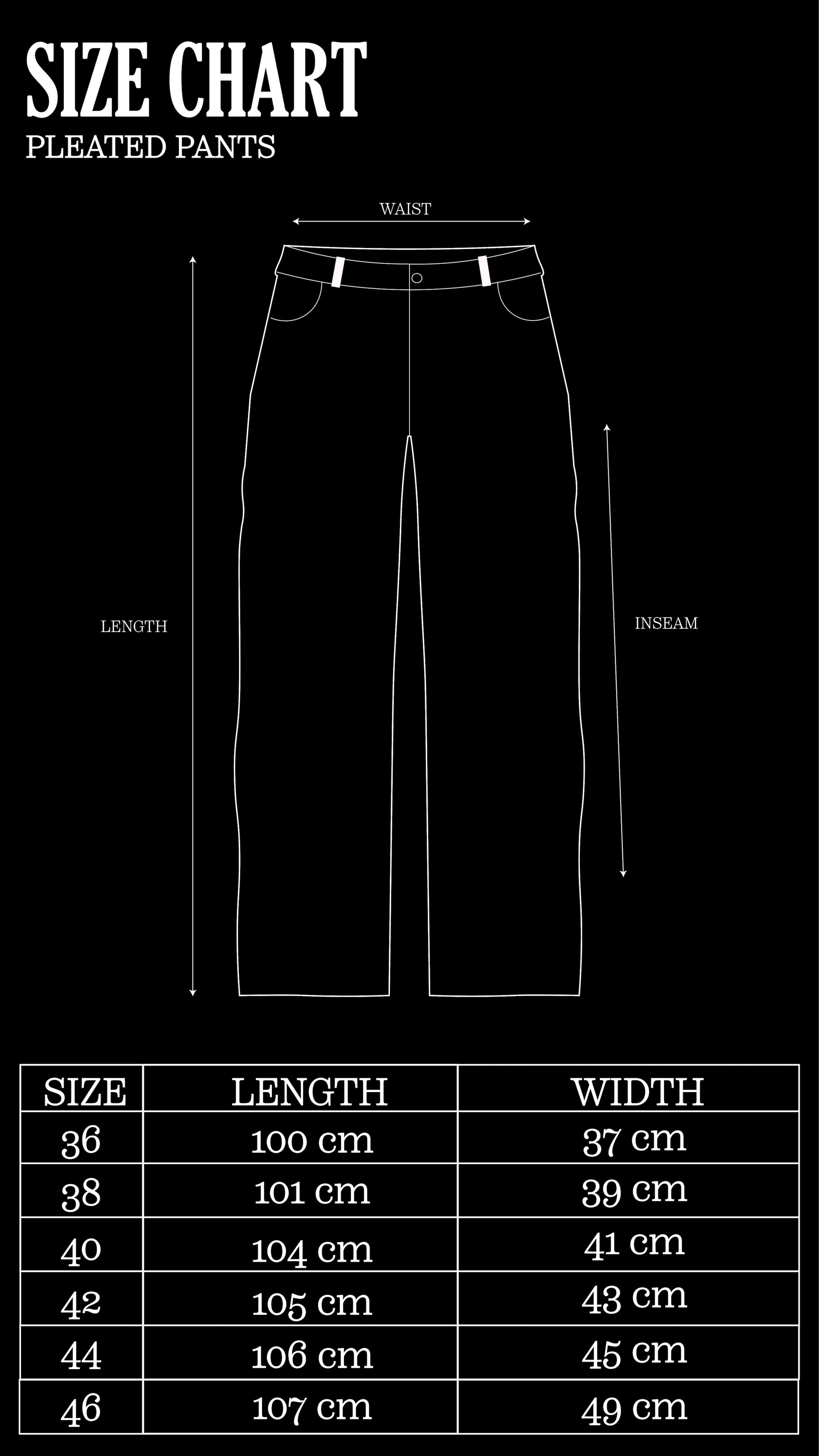 Size Chart for Olive Pleated Suit Pants