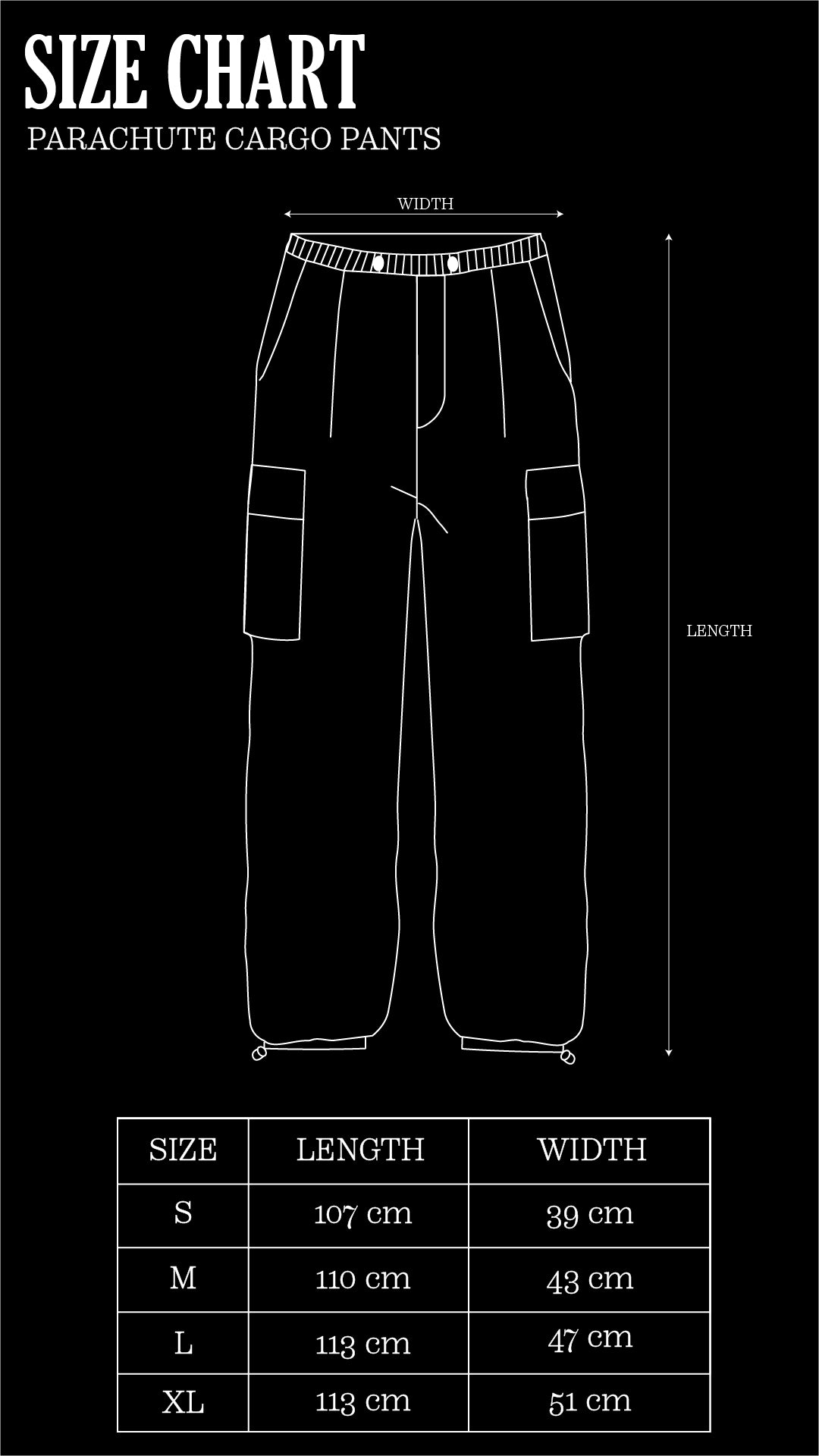 Size Chart for Olive Parachute Cargos