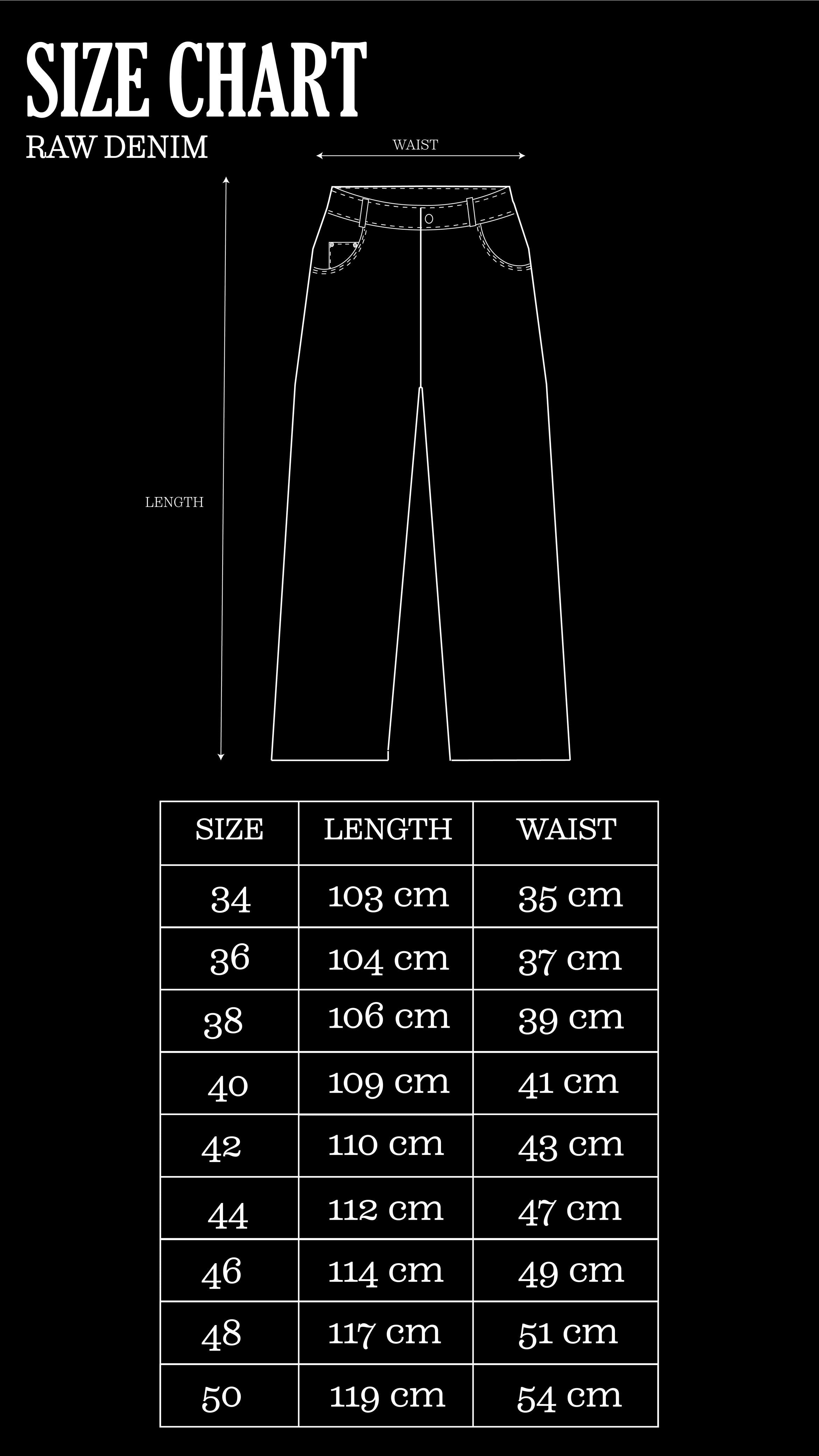 Size Chart for Raw Embossed Denim Pants