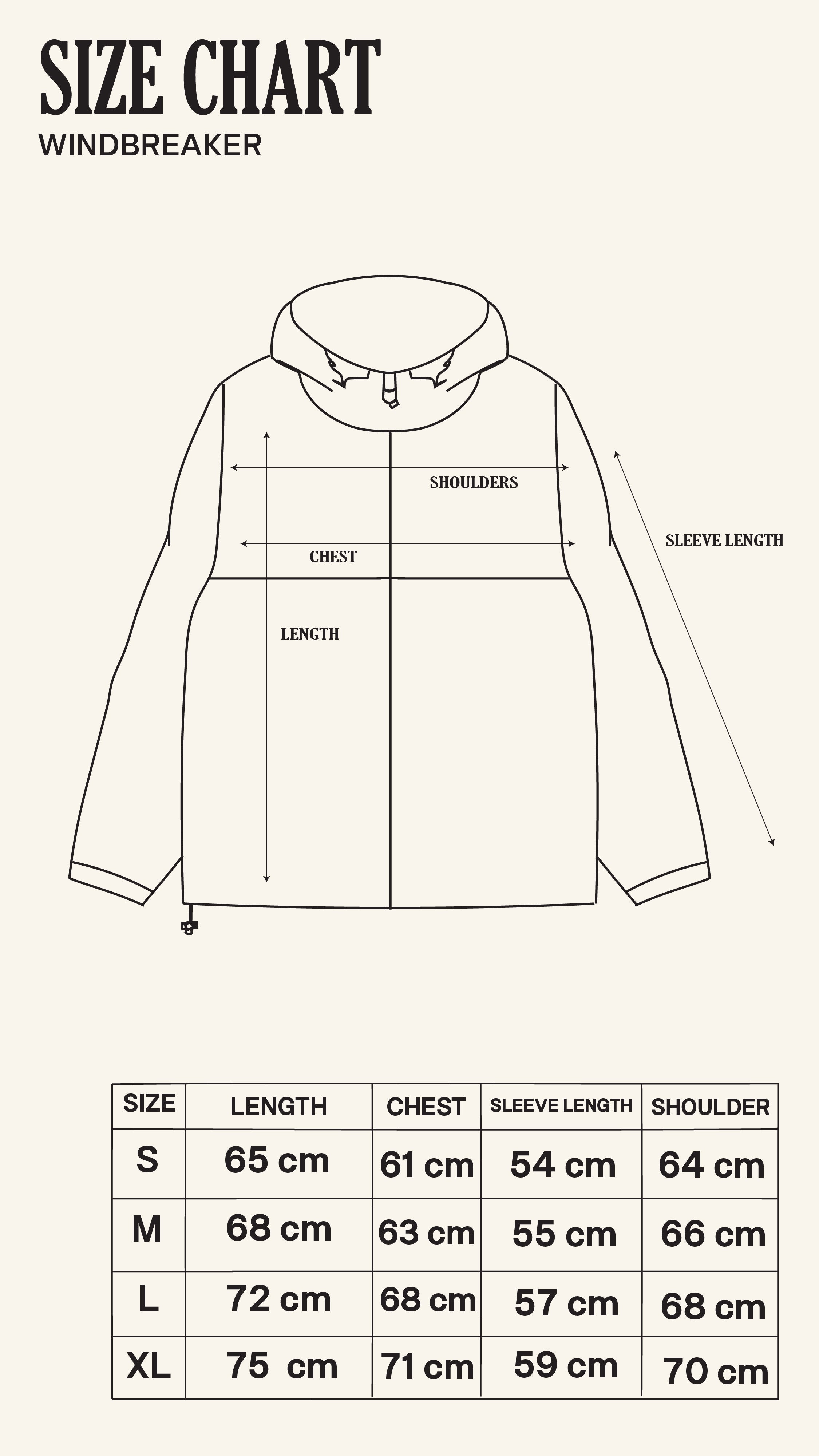 Size Chart for Pitlane Cream Windbreaker