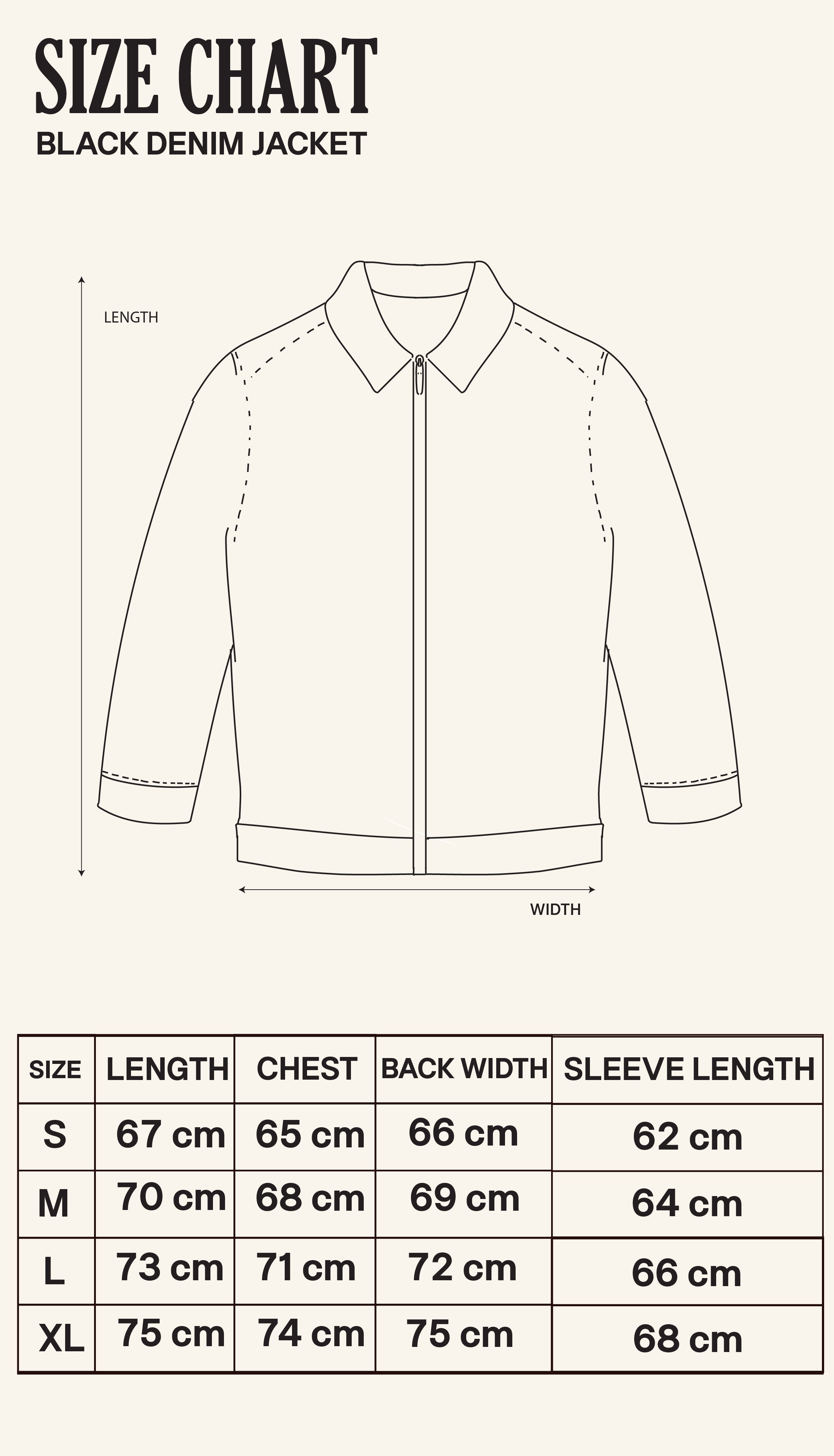 Size Chart for Black Denim Jacket