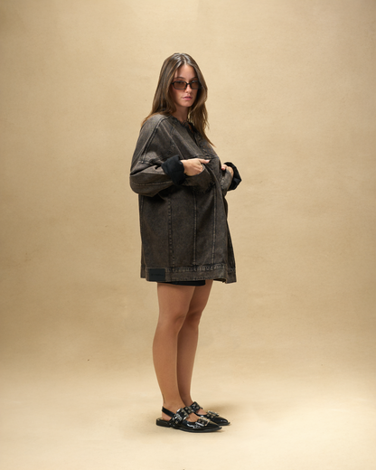 Washed Brown Embossed Denim Jacket