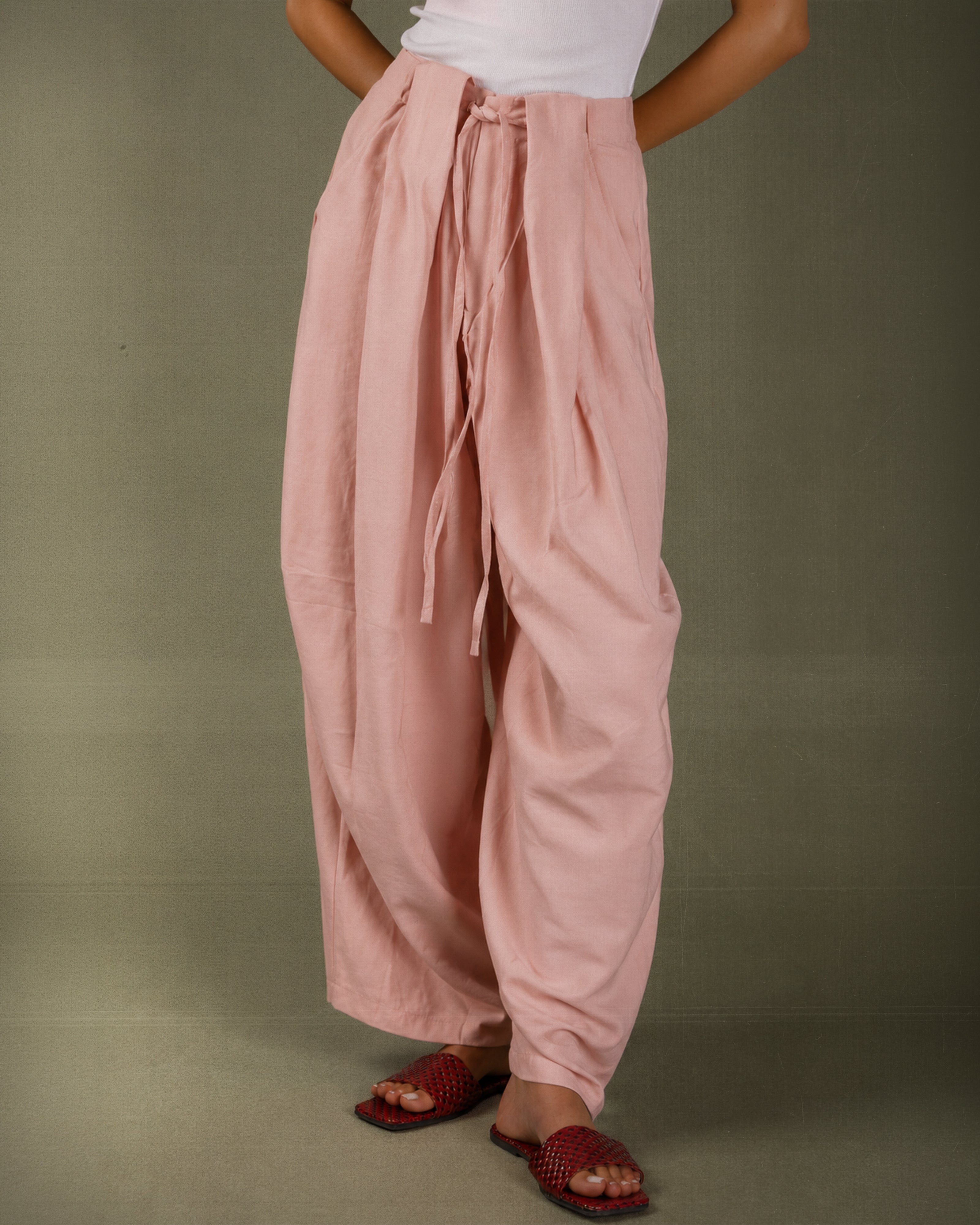 Pastel Pink Sandwash Pleated Pants-3