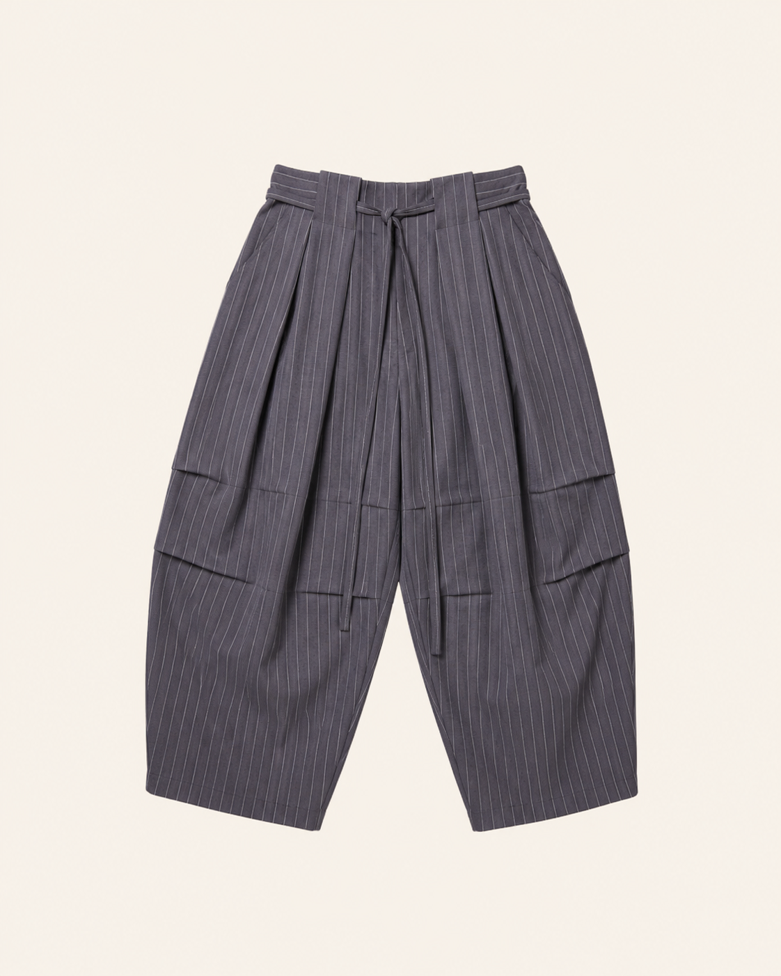 Grey Striped Pleated Volume Pants