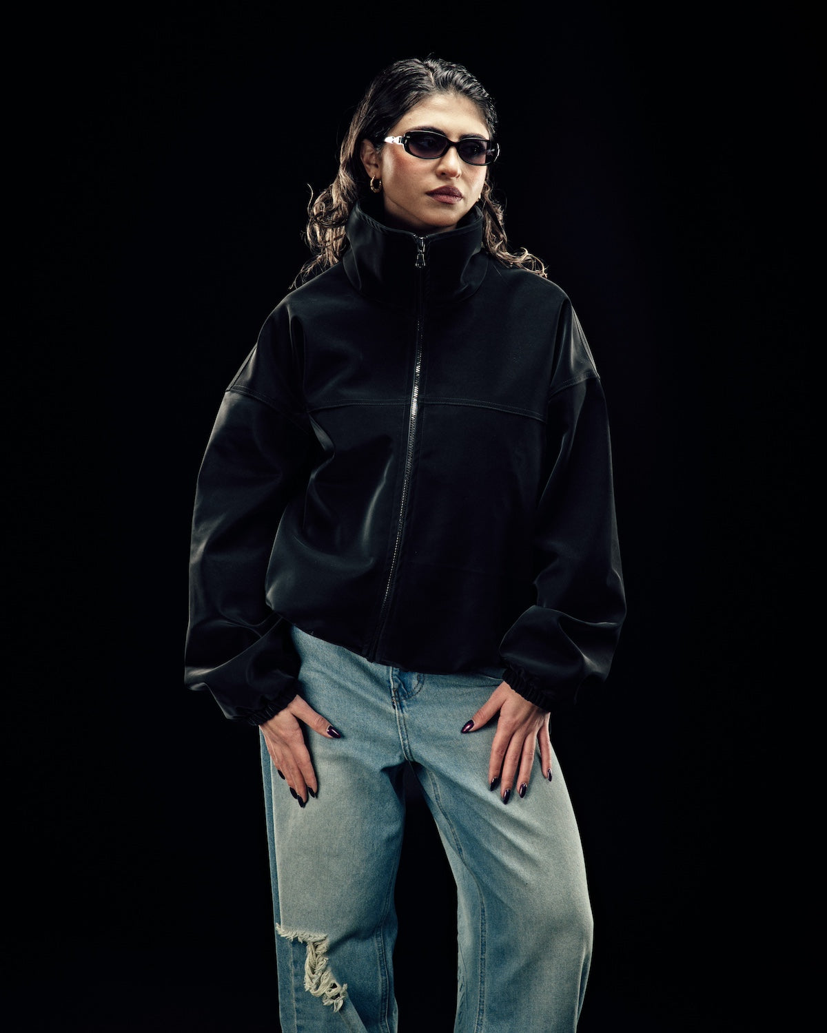 Black Leather Suede Embossed Jacket-2