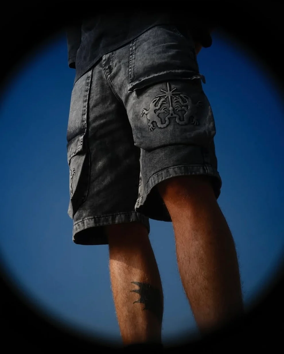 Washed Black Embossed Shorts-1