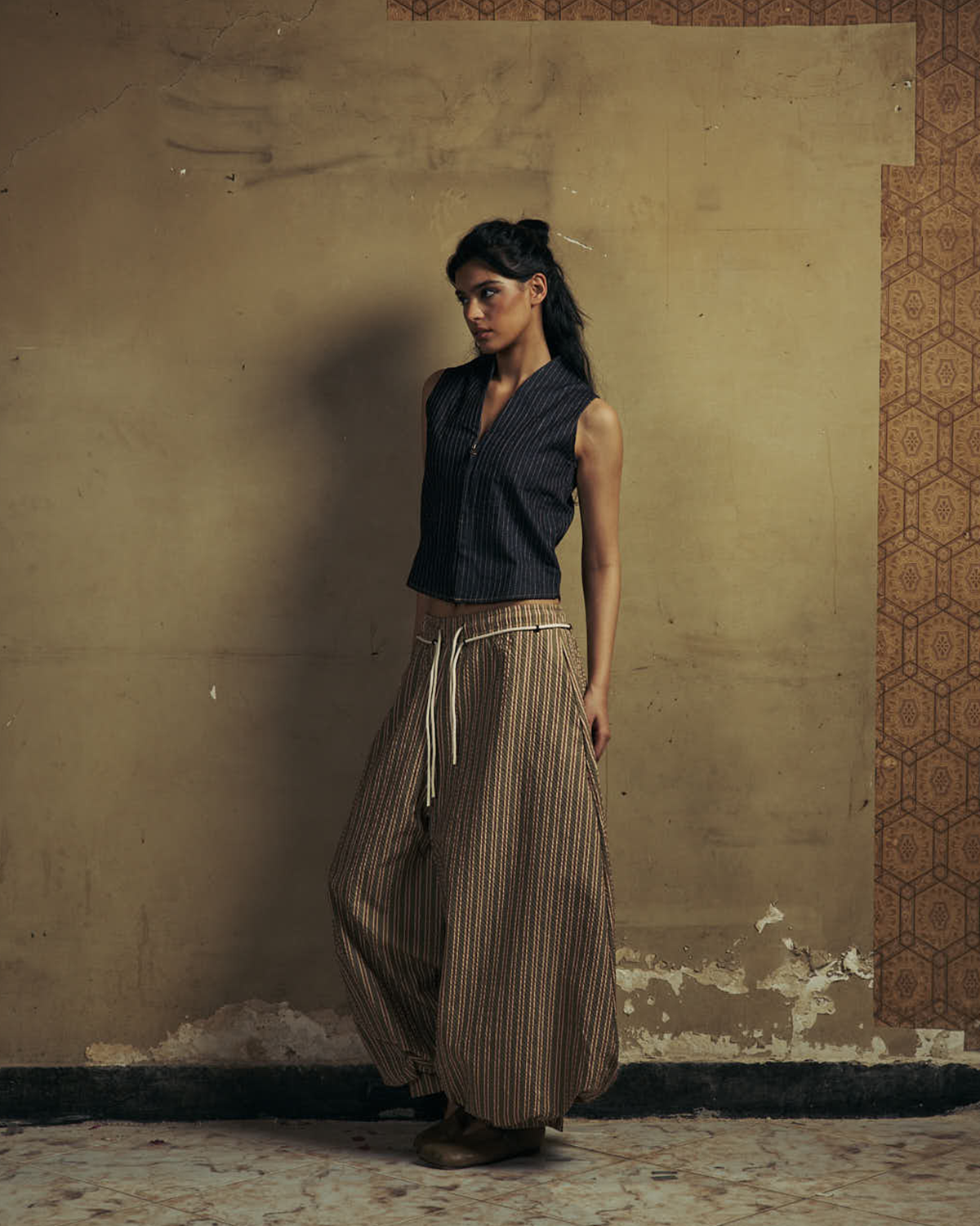 Olive Striped Balloon Pants-2