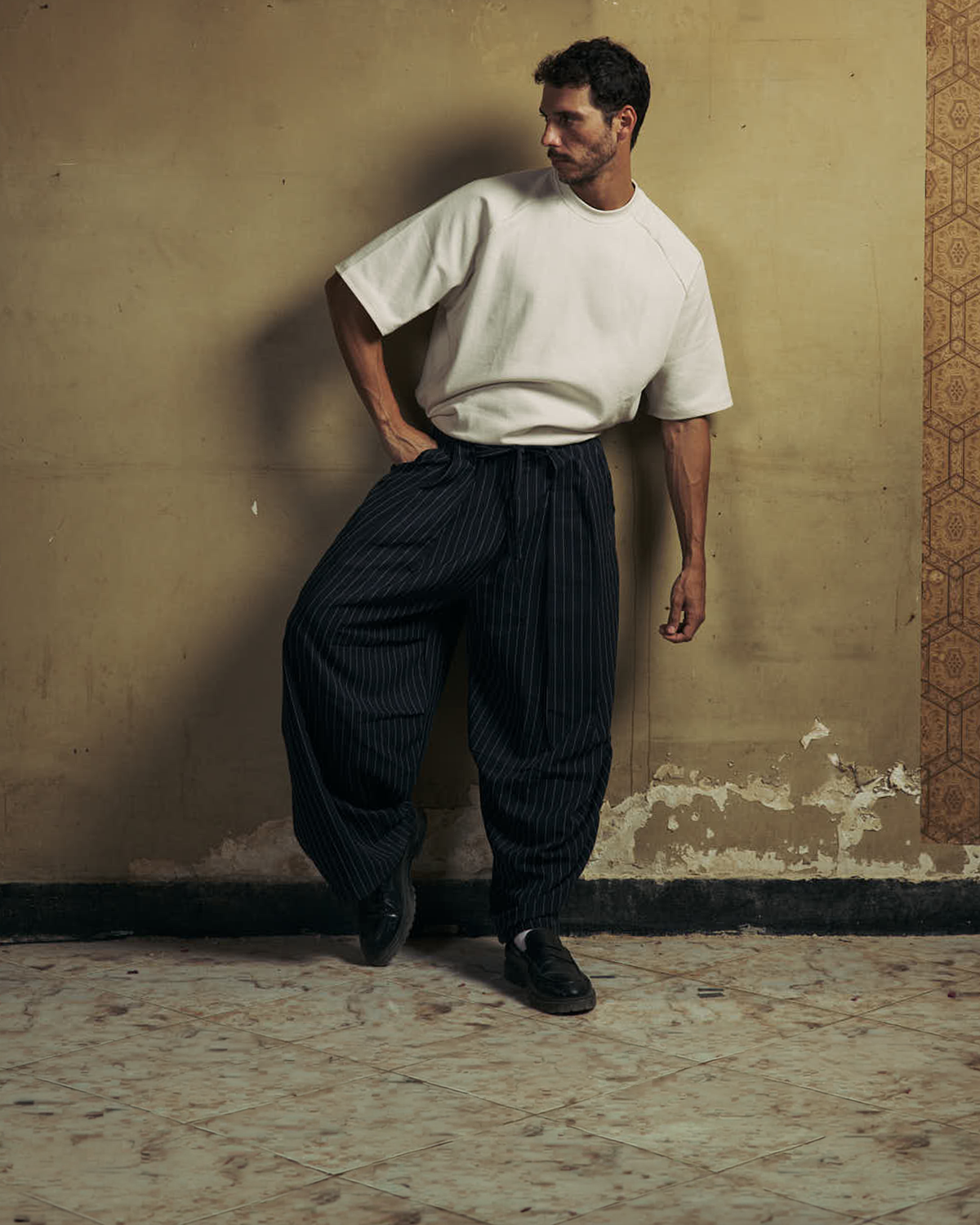 Navy Striped Pleated Volume Pants