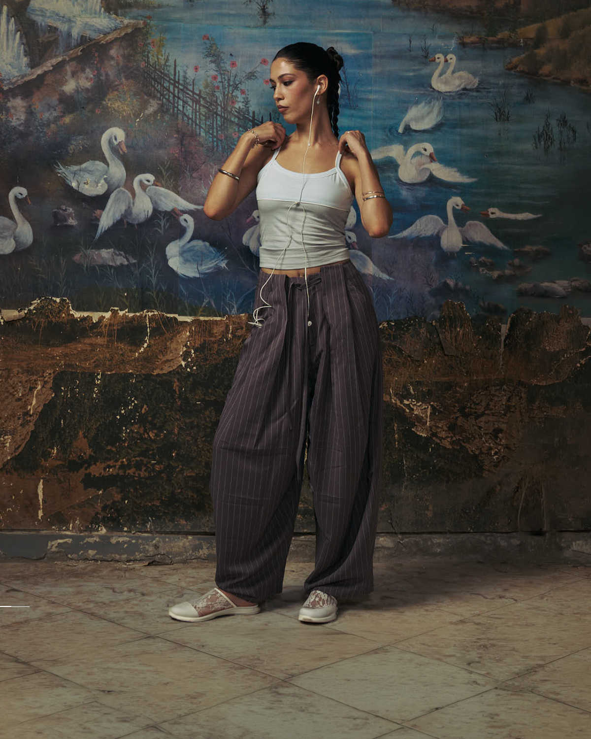 Grey Striped Pleated Volume Pants