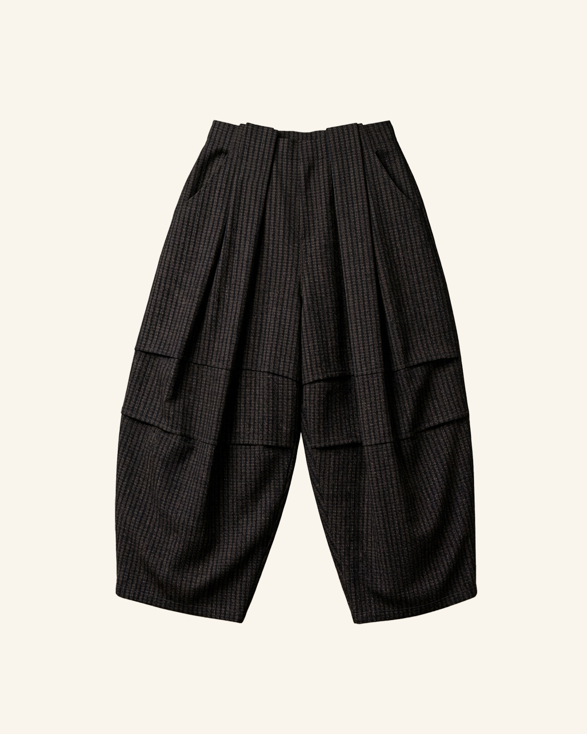 Check Brown Pleated Volume Pants-4