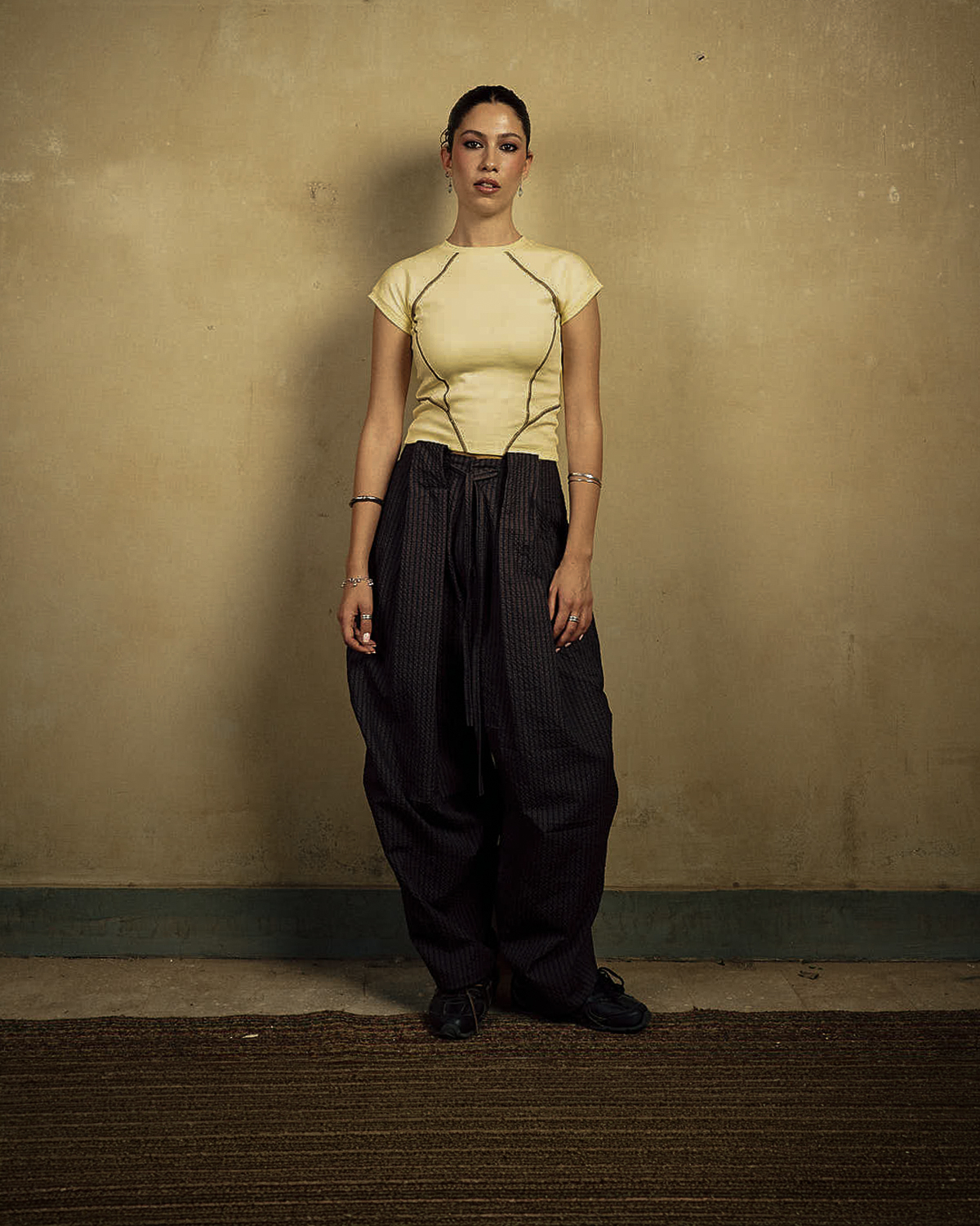 Check Brown Pleated Volume Pants