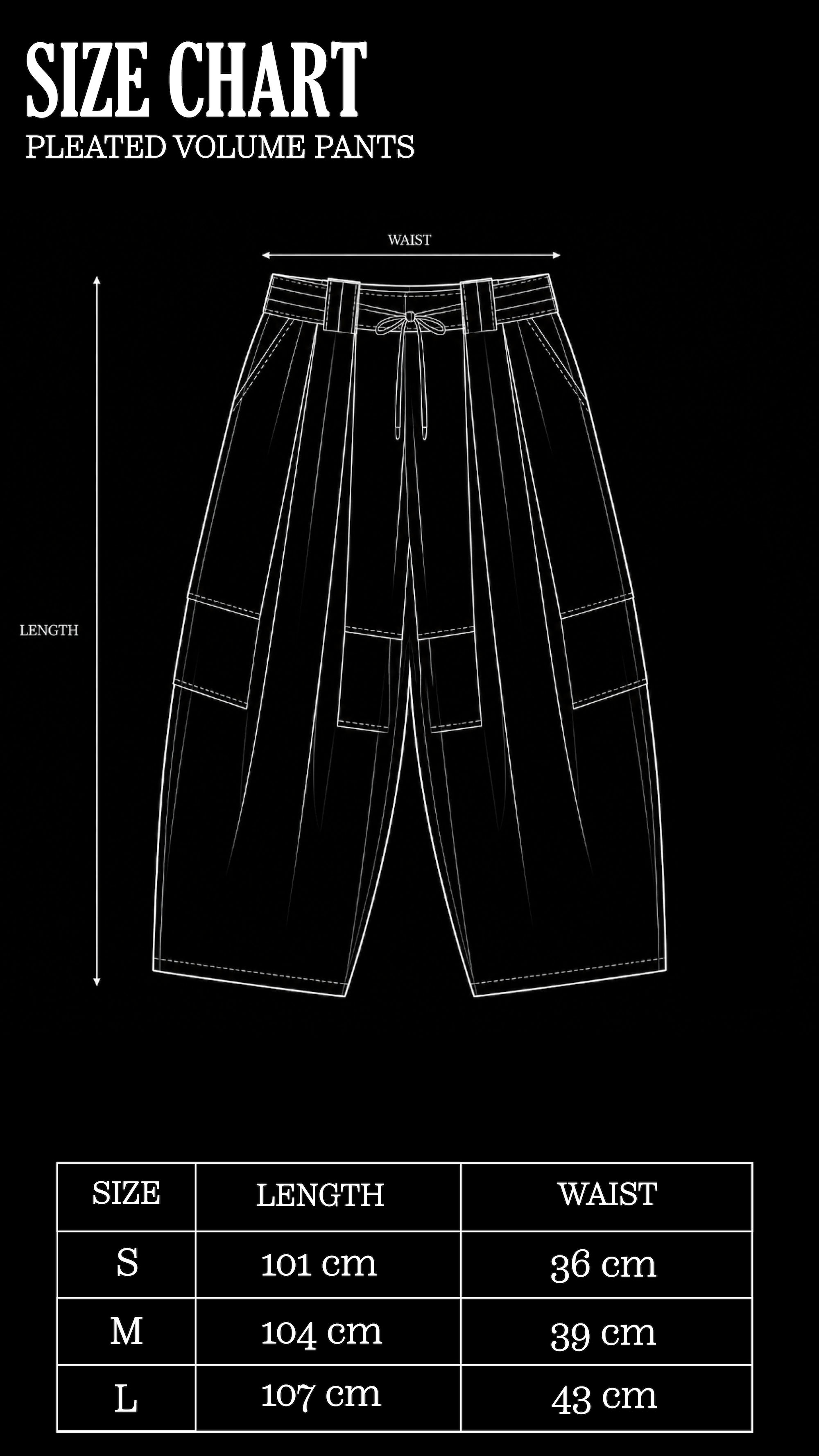 Size Chart for Black Pleated Volume Pants