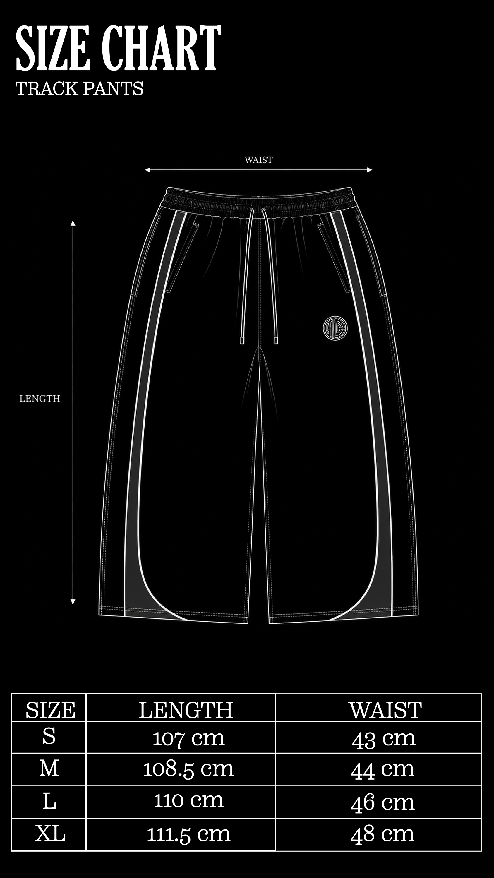 Size Chart for Vintage Olive Track Pants