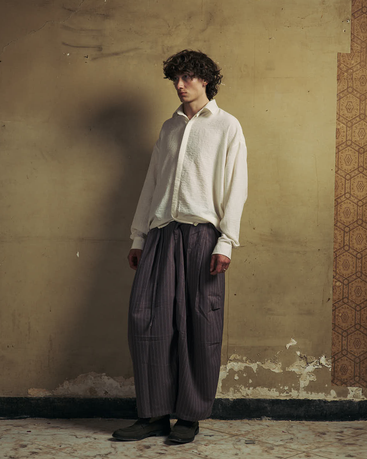 Grey Striped Pleated Volume Pants-5